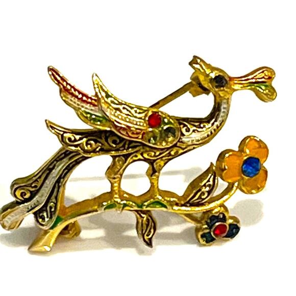Vintage PEACOCK BIRD BROOCH 1.5" Gold Pheasant Pin Rhinestone Flowers Branch - Picture 1 of 4
